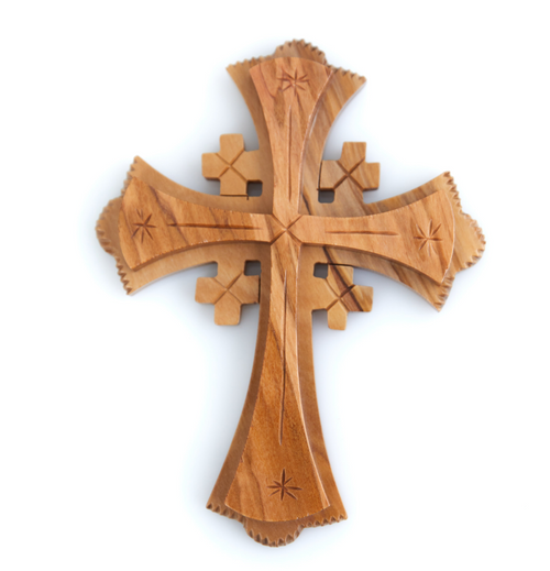 Olive wood wall cross hand carved in Bethlehem, 6.1 inch side angle of the olive wood sculpture
