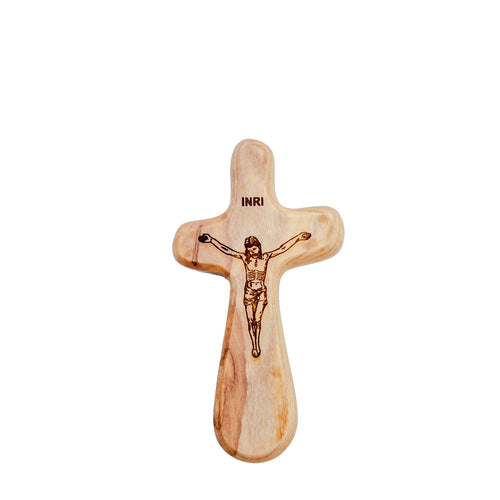Olive wood crucifix hand carved in Bethlehem, 4.3 inch side angle of the olive wood sculpture