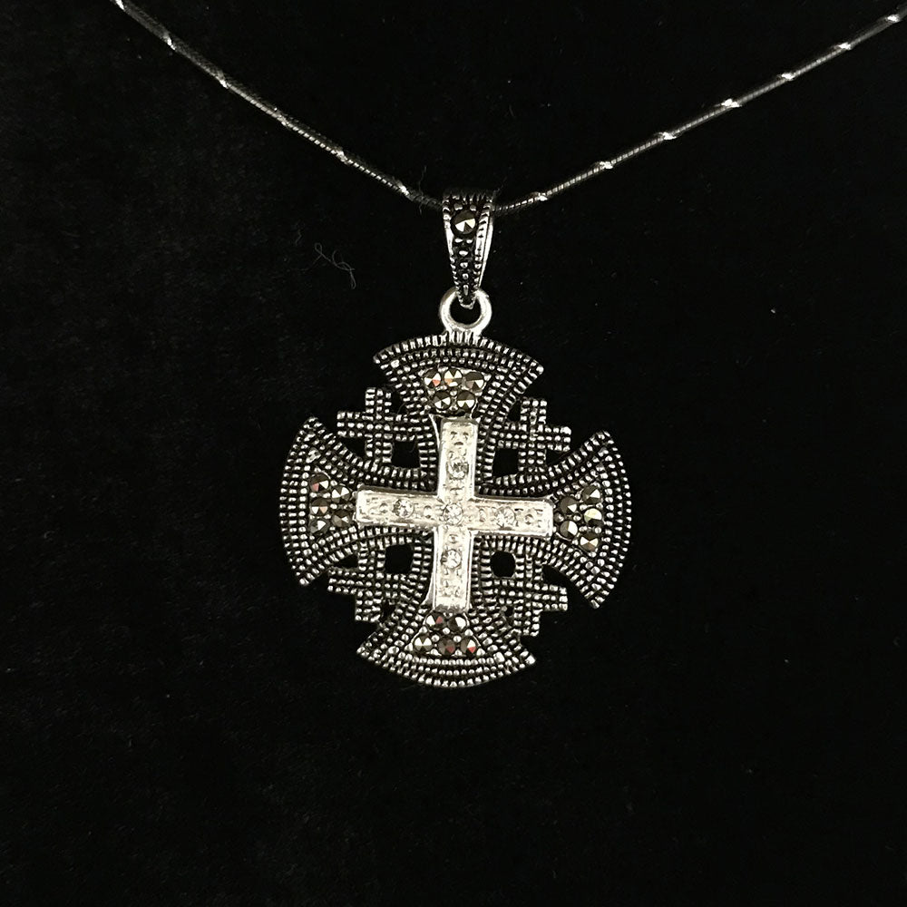 Jerusalem Cross Necklace with Black Gemstones Multi Layers (S) Sterling Silver Alisee Pattee