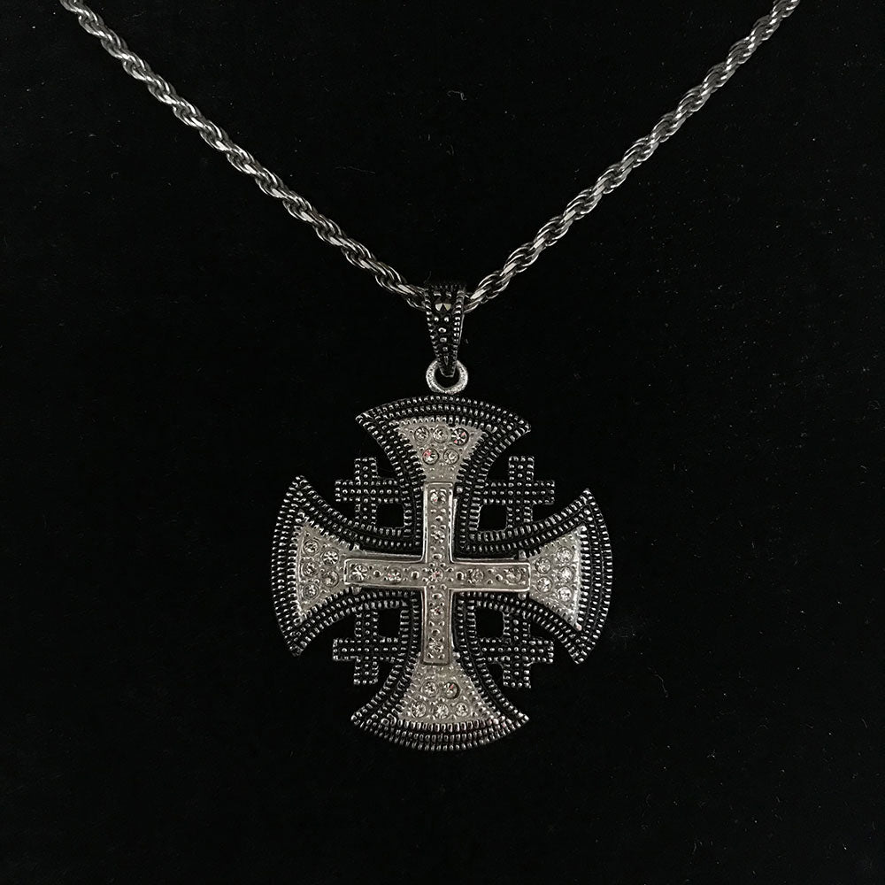 Jerusalem Cross Necklace with Gemstones Multi Layers (S). Sterling Silver Alisee Pattee