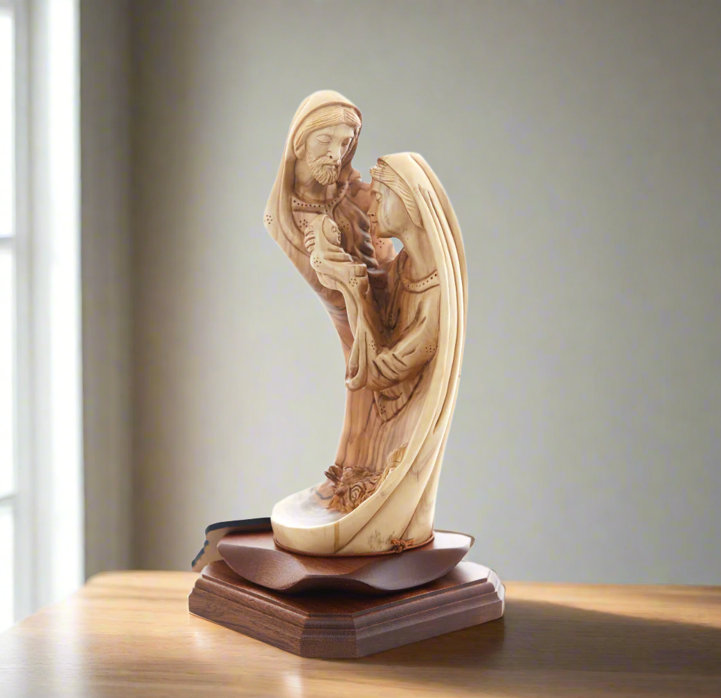 Holy Family olive wood statue hand carved in Bethlehem, 10.6 inch front view of the olive wood masterpiece