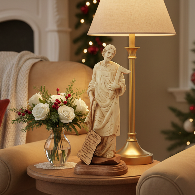 religious olive wood statue from Bethlehem hand carved, 11.4 inch front view of the wood masterpiece