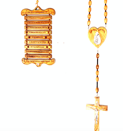 Ten Commandments Engraved Wall with Rosary from Holy Land Olive Wood 