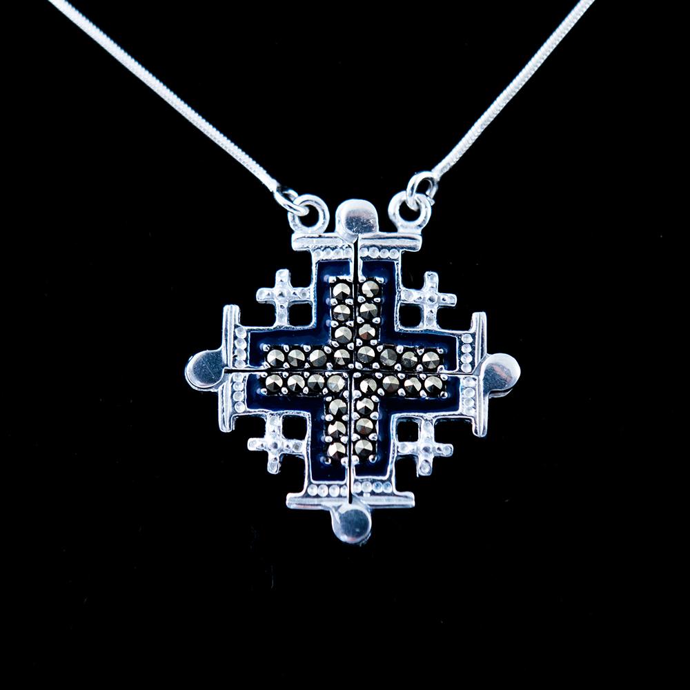 Two-Way Dark Blue Magnetic Jerusalem Cross Necklace
