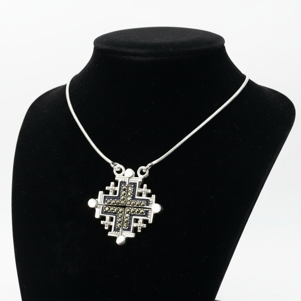 Two-Way Dark Blue Magnetic Jerusalem Cross Necklace with Gemstones