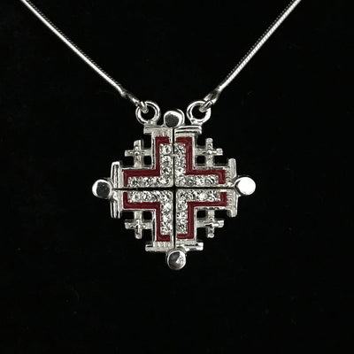 Two-Way Dark Red Magnetic Jerusalem Cross Necklace (White Gemstones)