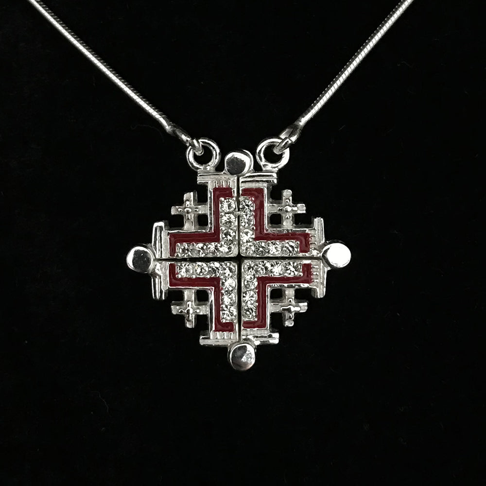 Two-Way Dark Red Magnetic Jerusalem Cross Necklace (White Gemstones)(S)