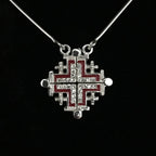 Two-Way Dark Red Magnetic Jerusalem Cross Necklace (White Gemstones)(S)