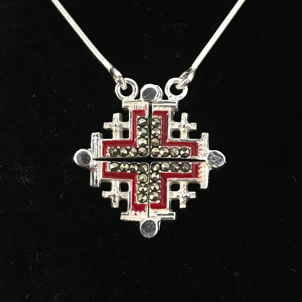 Two-Way Dark Red Magnetic Jerusalem Cross Necklace with Gemstones