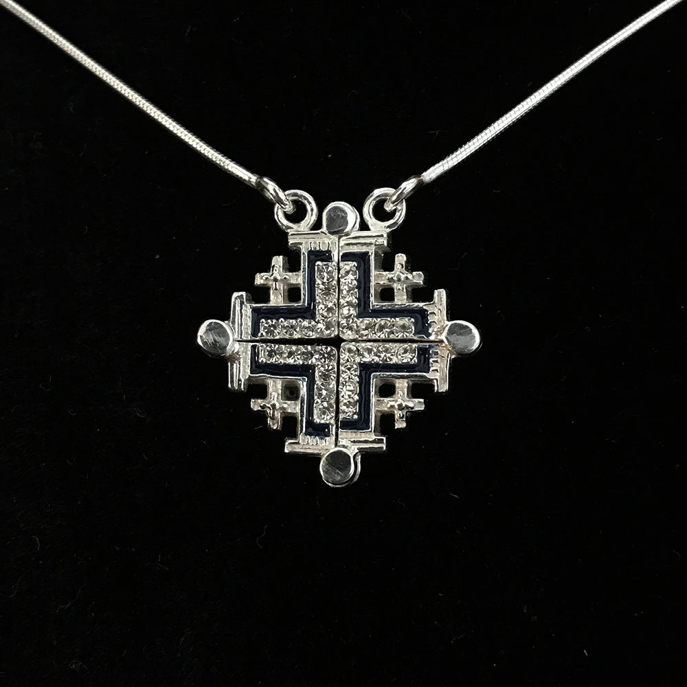 Two-Way Magnetic Dark Blue Jerusalem Cross Necklace (White Gemstones)(S)