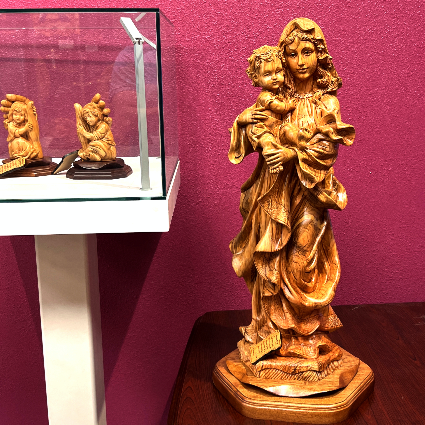 Virgin Mary olive wood statue from Bethlehem hand carved, 36 inch front view of the olive wood masterpiece