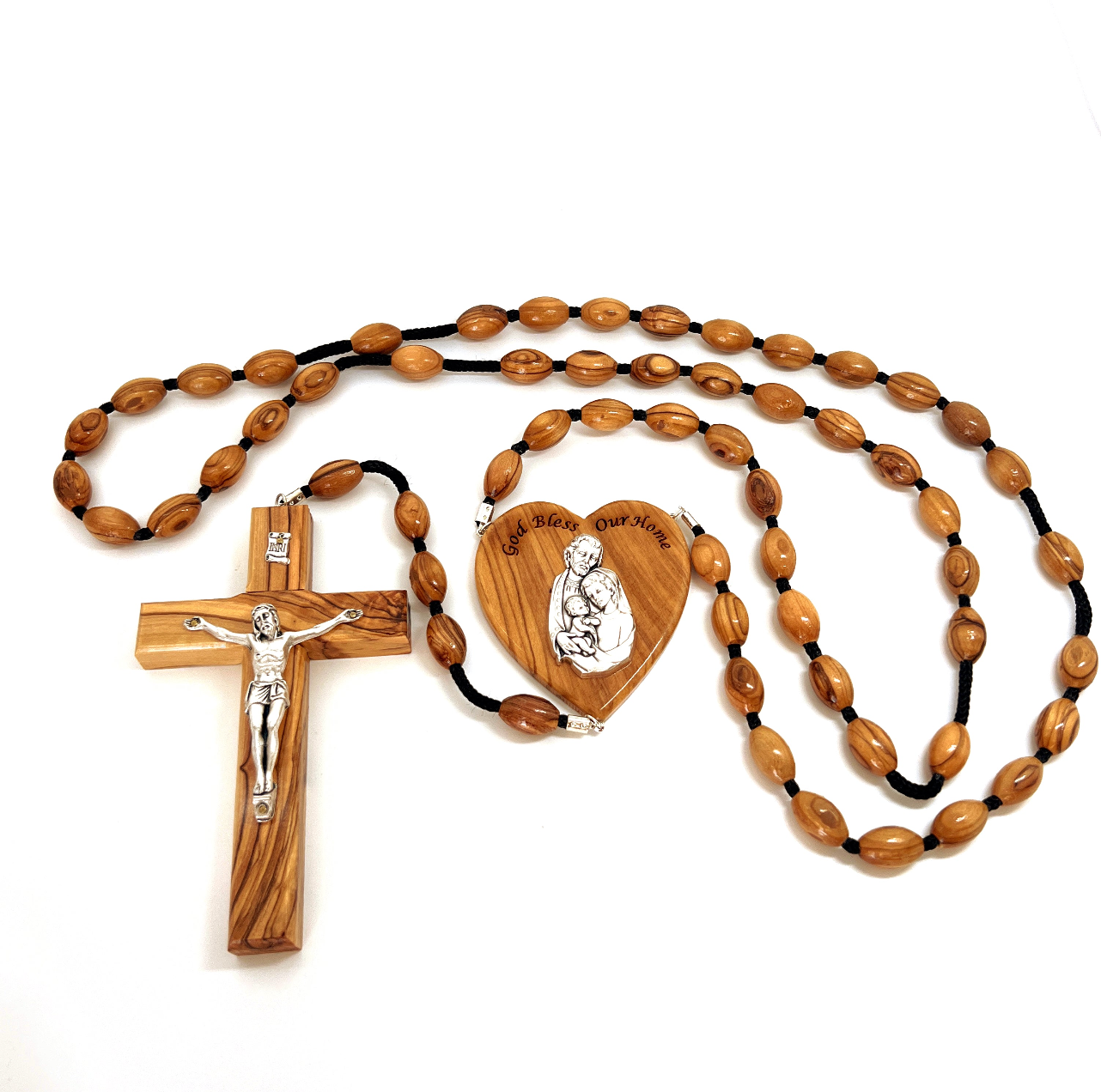 Large Wall Rosary Beads Olive Wooden God Bless Our Home 