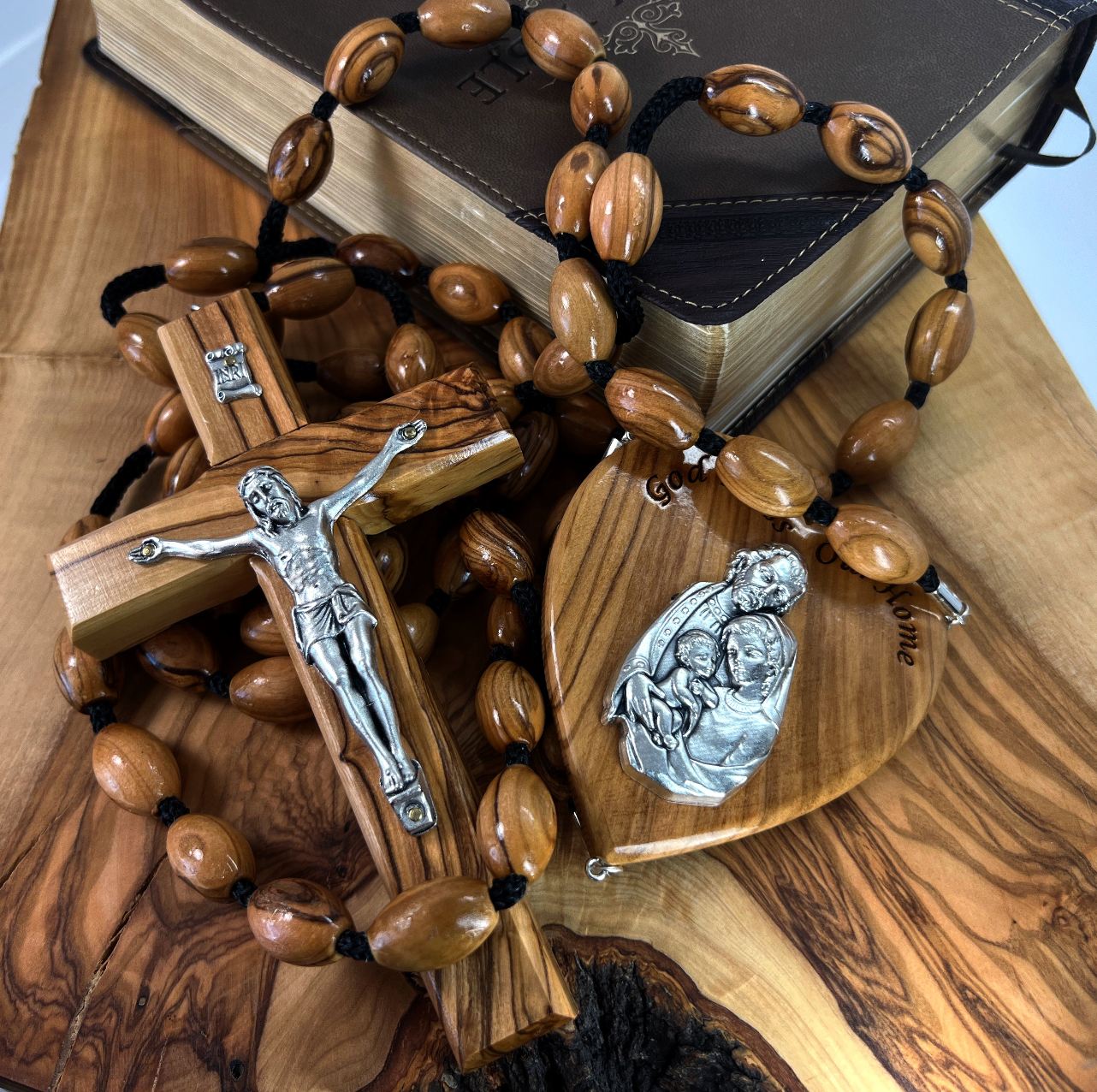 Large Wall Rosary Beads Olive Wood God Bless Our Home 