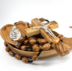 Olive wood crucifix hand carved in Bethlehem, 46 inch top angle showing detail of the craftsmanship