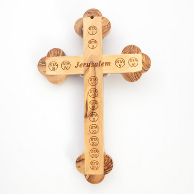 Wooden Crucifix Wall Cross Silver Jesus Olive Wood Handmade form the Holy Land  14 stations of the cross engraved 