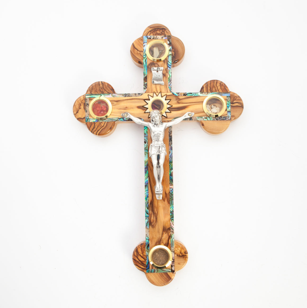 Wooden Crucifix Wall Cross Silver Jesus Olive Wood Handmade form the Holy Land  Abalone Mother of Pearl with souvenirs form the holy and  