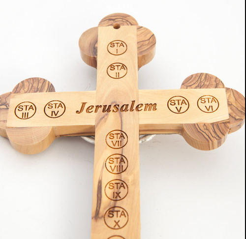 Olive wood crucifix hand carved in Bethlehem, 8.7 inch side angle of the olive wood sculpture