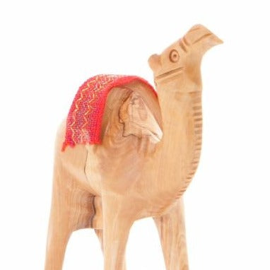 Wooden Camel w/ Red Saddle Nativity Figurine, 5.6" Hand Carving from Bethlehem
