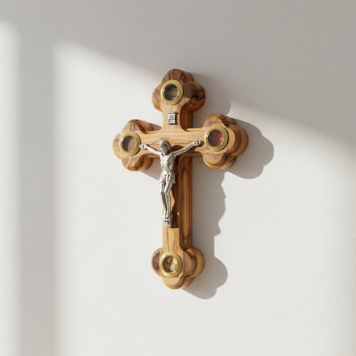 Olive wood crucifix hand carved in Bethlehem, 5.5 inch front view of the olive wood masterpiece