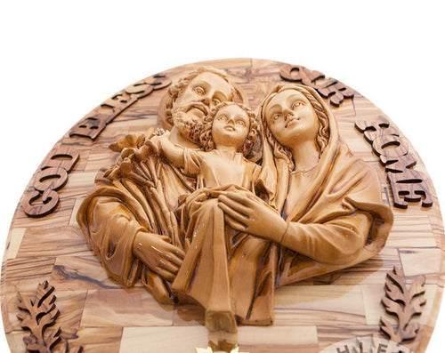 Religious wall art hand made in Bethlehem, 17.3 inch side angle of the olive wood sculpture