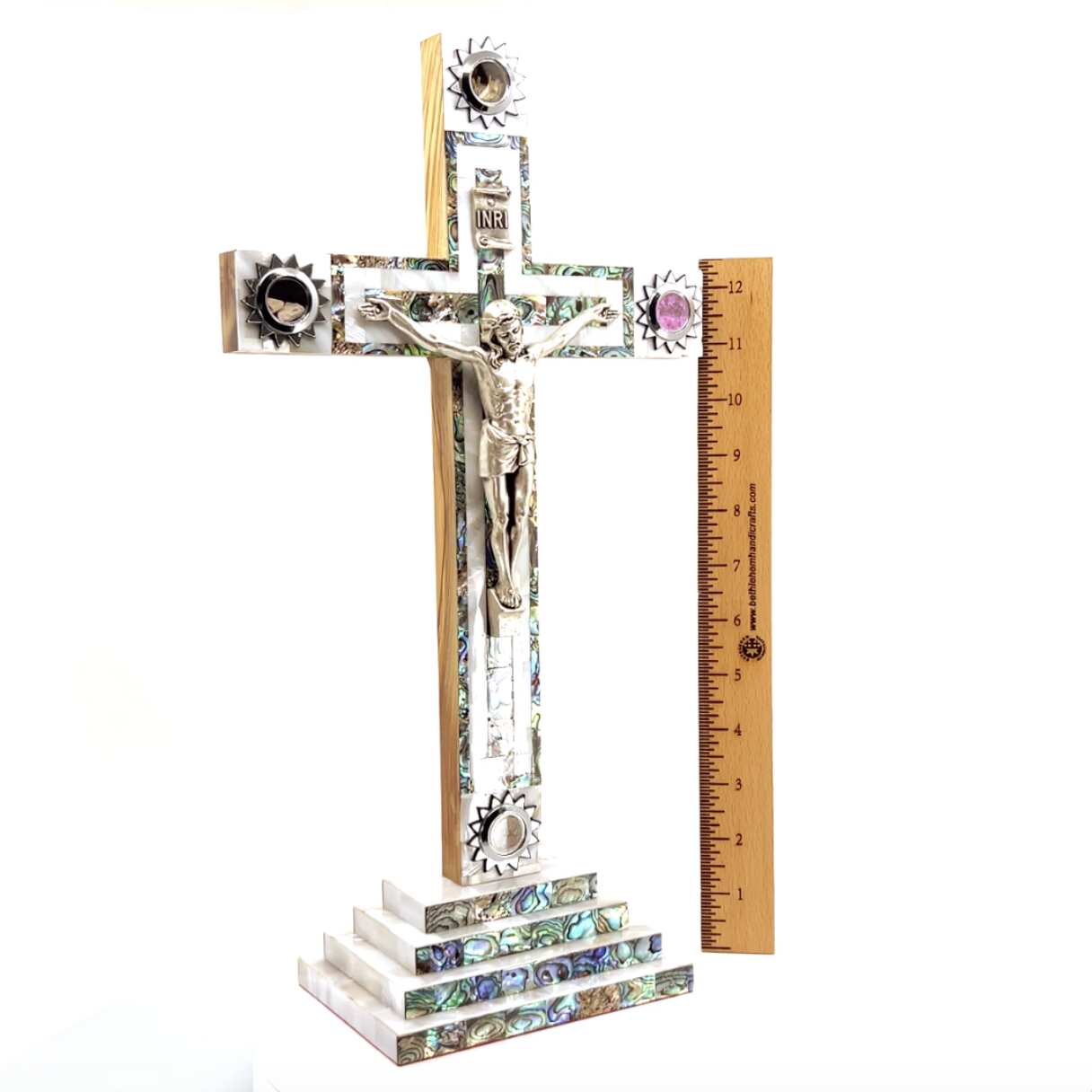 Standing Crucifix, 13.5" with 2.5" Base, Holy Land Olive Wood and Mother of Pearl, with 5 souvenirs