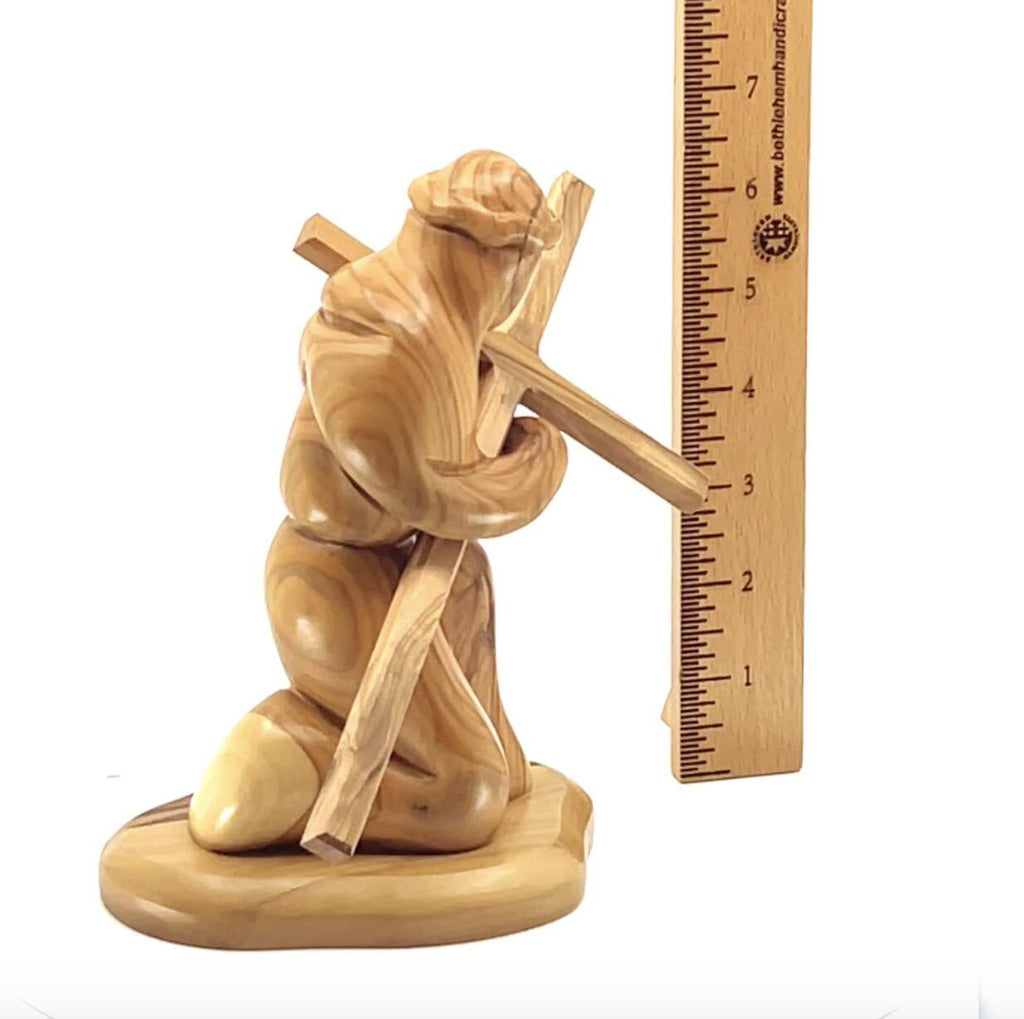 Jesus Christ olive wood cross from Bethlehem hand carved, 7.1 inch three quarter view of the religious piece
