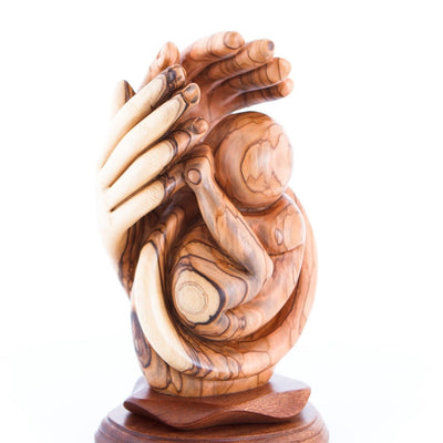 Agape Masterpiece Carving of Baby Protected by Hand of God, Abstract Mercy of God in Olive Wood, Beautiful Realistic Hands
