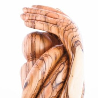 Wooden Agape Carving of Baby Protect by Hand of God, Abstract Mercy of God in Olive Wood, Beautiful Realistic Hands