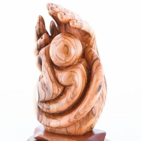 Agape Wooden Carving of Baby Protected by Hand of God, Abstract Mercy of God in Olive Wood, Beautiful Realistic Hands