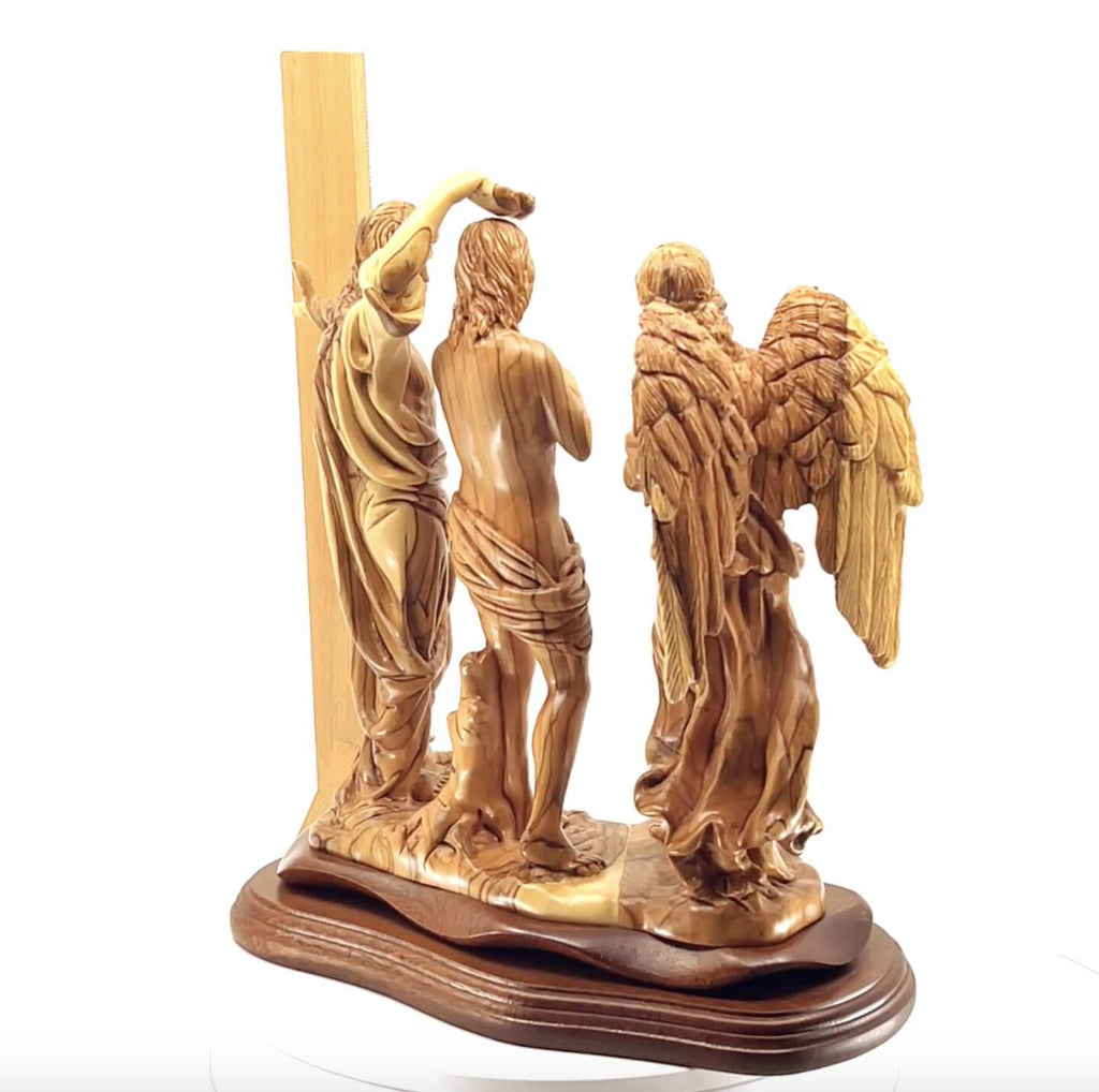 Jesus Christ "Baptism by Saint John" with Angel Sculpture, 11.4" Holy Land Carving from Olive Wood