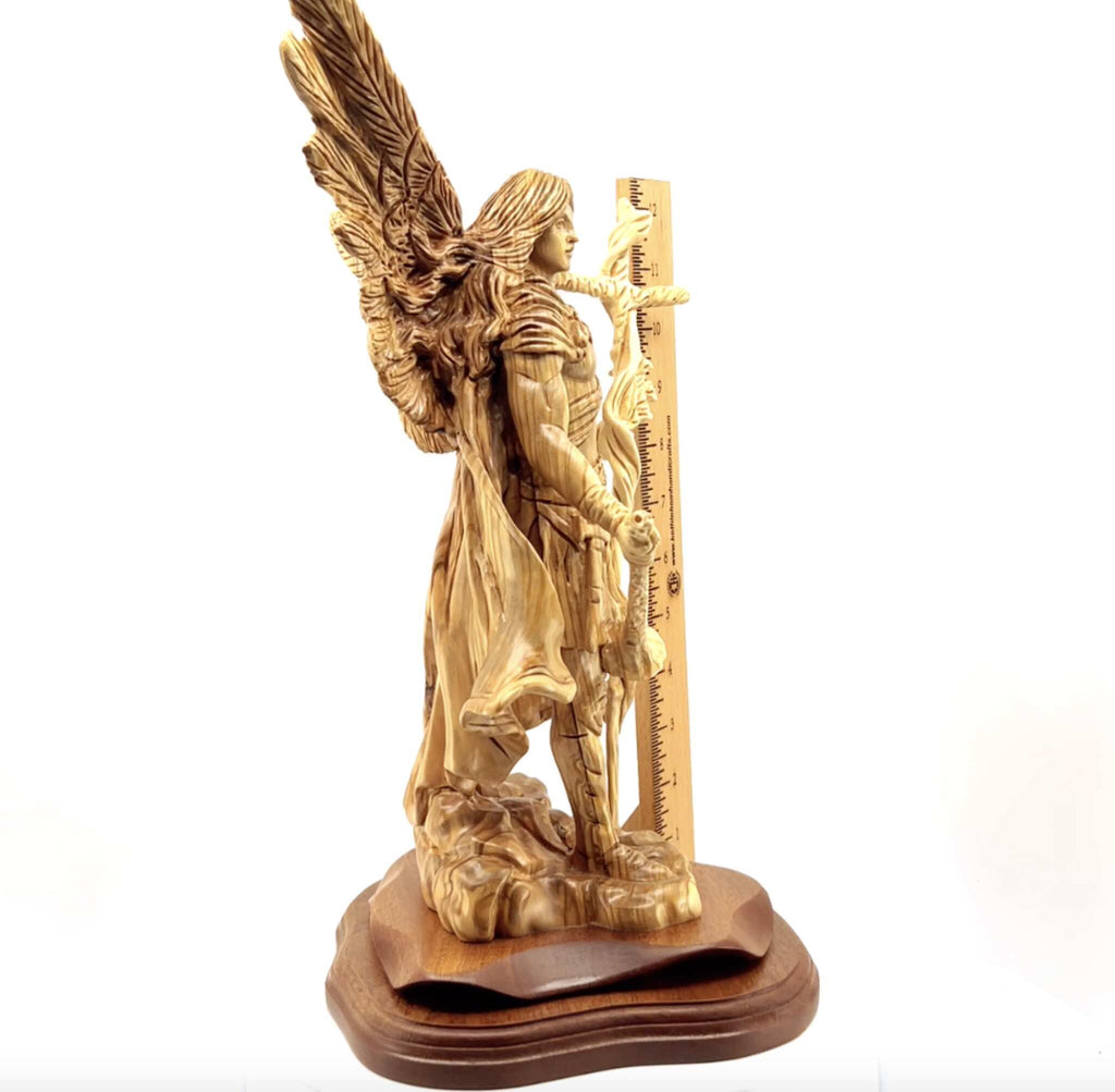 Angel olive wood statue hand carved in Bethlehem, 15 inch detail of the carved base