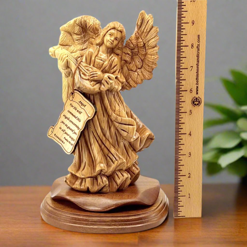 Angel olive wood statue hand carved in Bethlehem, 9.7 inch front view of the olive wood masterpiece