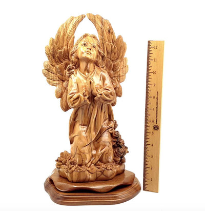 Angel with Wings Praying, 14.5" Carved Statue from Holy Land Olive Wood