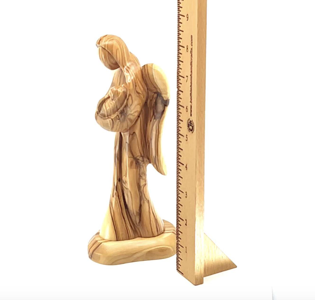 Angel olive wood statue hand carved in Bethlehem, 7.9 inch three quarter view of the religious piece