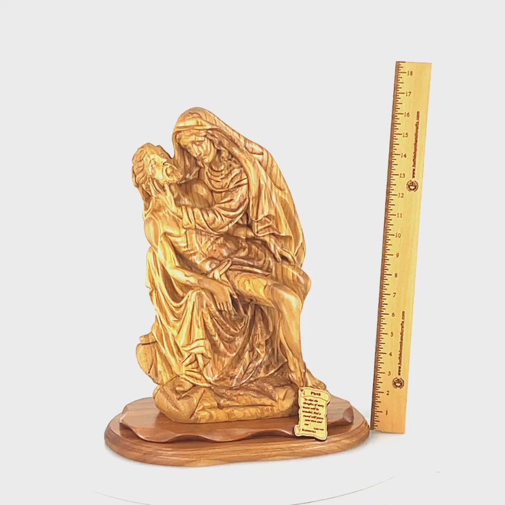 Pieta Figurine, Olive Wood Carving, 17.7" Statue from Bethlehem
