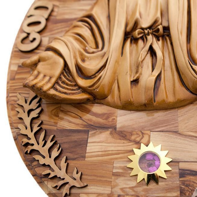Virgin Mary olive wood statue from Bethlehem hand carved, 17.3 inch close detail of the hand carved work