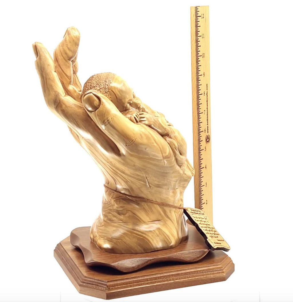religious olive wood statue hand carved in Bethlehem, 12.4 inch top angle showing detail of the craftsmanship