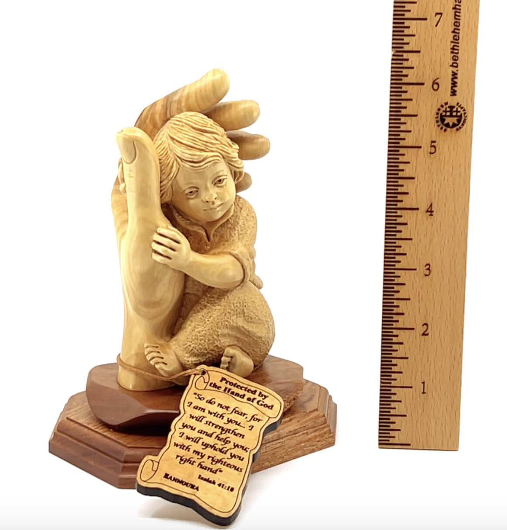 religious olive wood statue hand carved in Bethlehem, 6.5 inch side angle of the olive wood sculpture