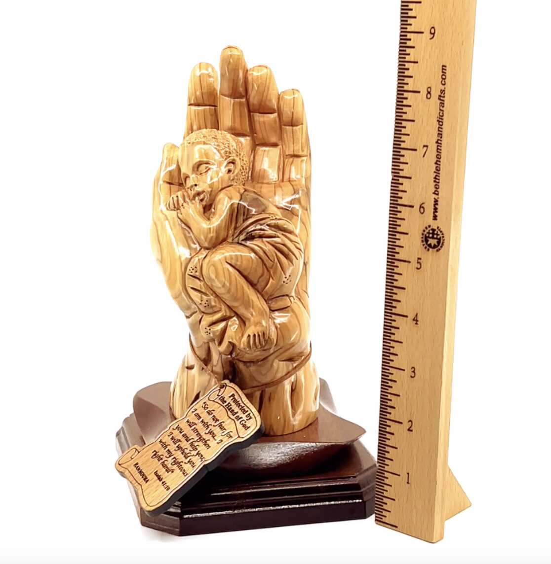 “Protected by the Hand of God” Sculpture 8.5" Tall, Made from Holy Land Olive Wood