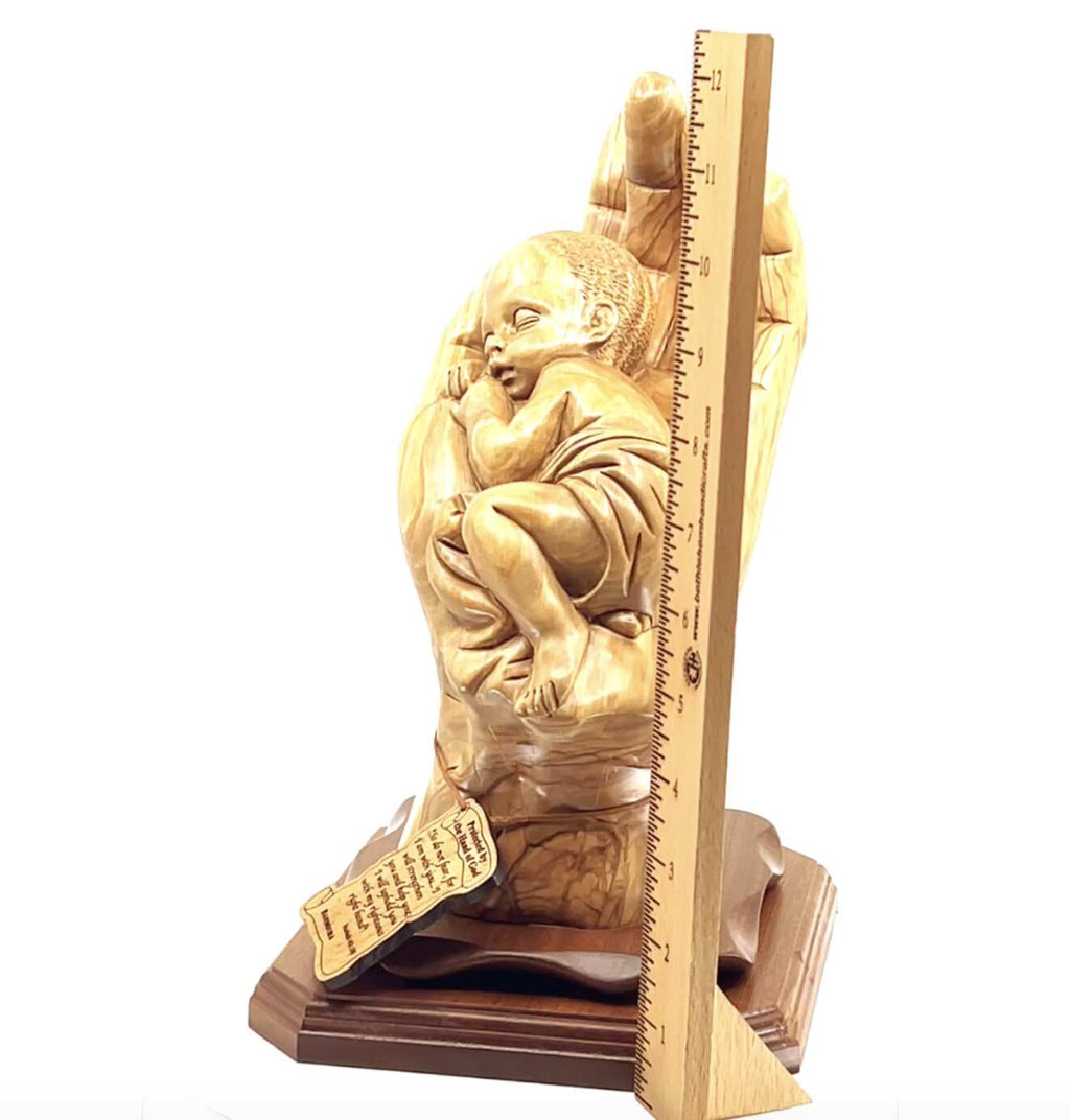 religious olive wood statue hand carved in Bethlehem, 12.4 inch three quarter view of the religious piece