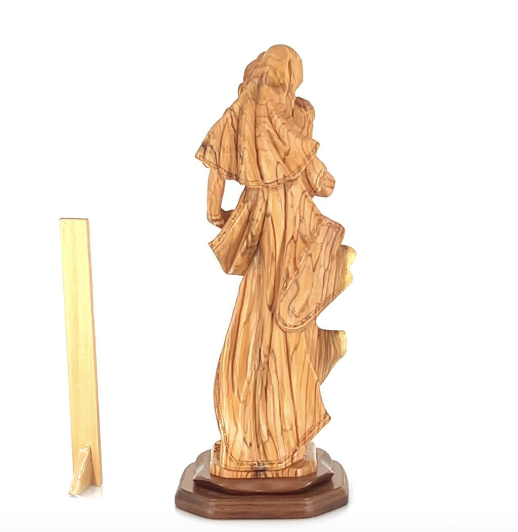Virgin Mary olive wood statue from Bethlehem hand carved, 20.5 inch top angle showing detail of the craftsmanship