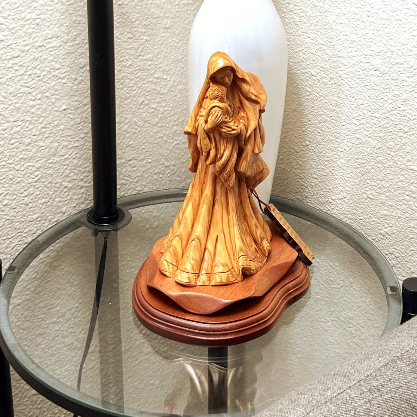 The Blessed Mother Virgin Mary Holding Baby Jesus Christ our Lord with Gown, Unique Olive Wood Carving Masterpiece