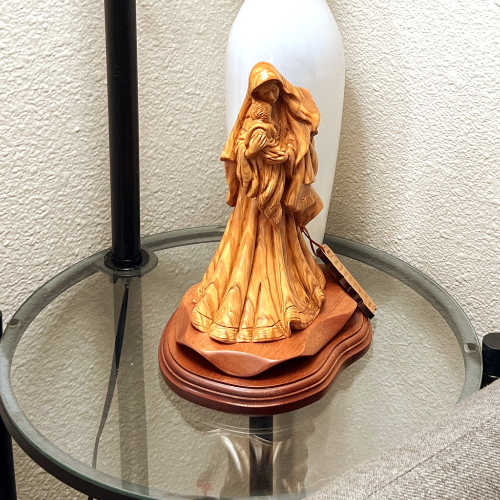 Virgin Mary olive wood statue from Bethlehem hand carved, 10 inch lifestyle photo on display