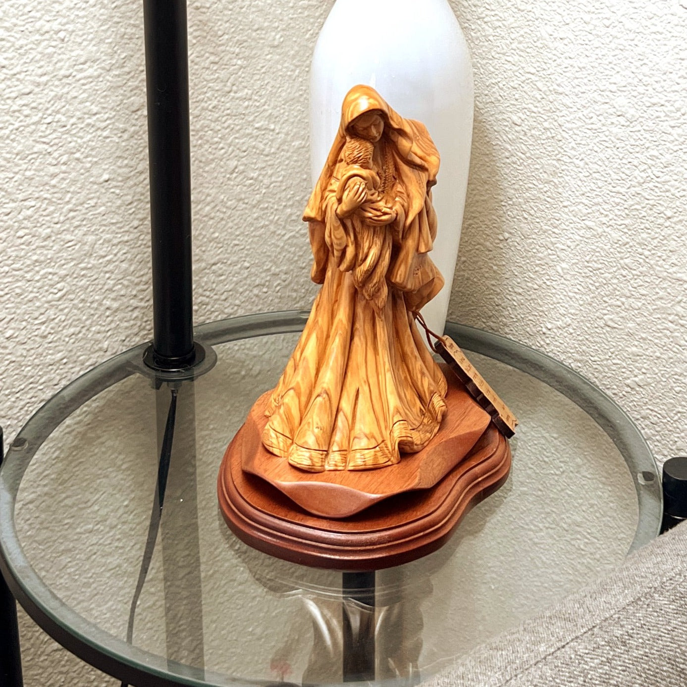 Virgin Mary olive wood statue from Bethlehem hand carved, 10 inch lifestyle photo on display