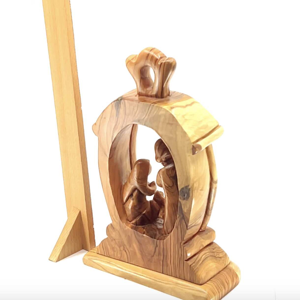 Nativity Scene with The Holy Family, 9.4" Olive Wood Carving from Holy Land, Abstract Christmas Standing Ornament