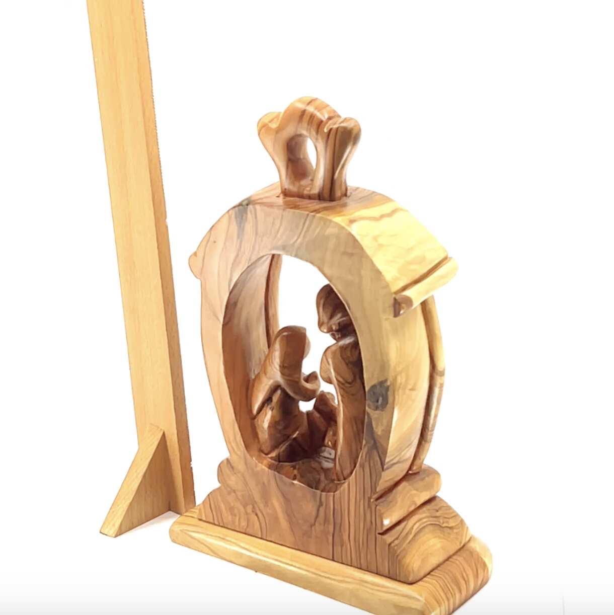 Nativity Scene with The Holy Family, 9.4" Olive Wood Carving from Holy Land, Abstract Christmas Standing Ornament