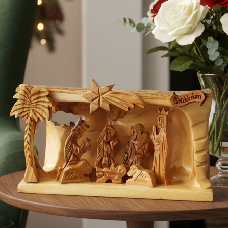 Rustic Nativity Scene with Natural Bark, 7" Olive Wood from Bethlehem