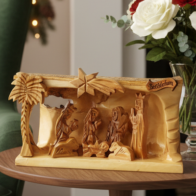Rustic Nativity Scene with Natural Bark, 7" Olive Wood from Bethlehem