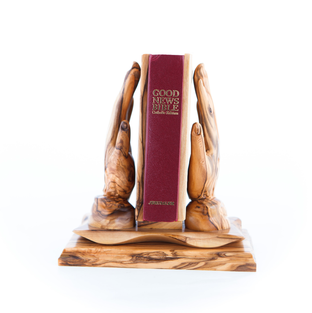 Carved Wooden Hands Holding Bible, Olive Wood, Good News Bible, Christian Home Decor for Book Shelf