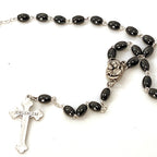 Rosary, Black Oval Stone Beads, 20.9", Metal Chain, Bethlehem Handmade